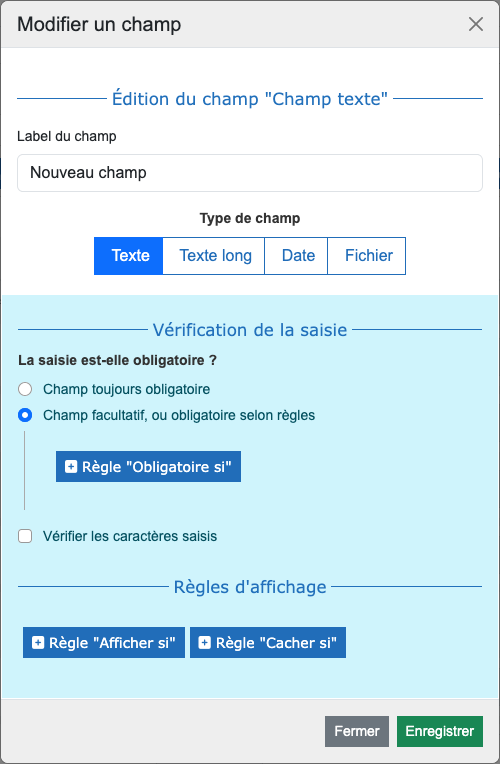 Interface pour modifier un champ de saisie avec options de vérification de saisie et d'affichage.