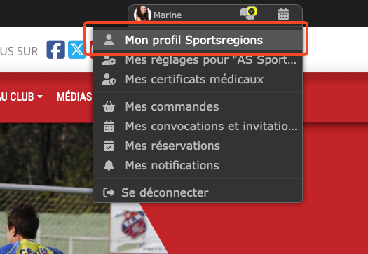 Menu déroulant avec l'option 'Mon profil Sportsregions' mise en avant, contenant d'autres options telles que les certificats médicaux, les commandes, et les notifications.