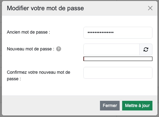 Boîte de dialogue pour modifier le mot de passe avec des champs pour l'ancien mot de passe, le nouveau mot de passe et sa confirmation.